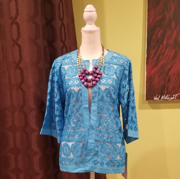 NWT Long Sleeve Open Front Embroidered Mesh Jacket - Picture 1 of 6